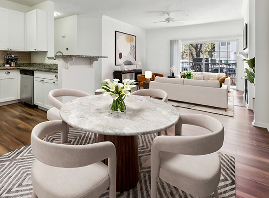 A large dining and living room at Hayworth Wilton with full-height windows