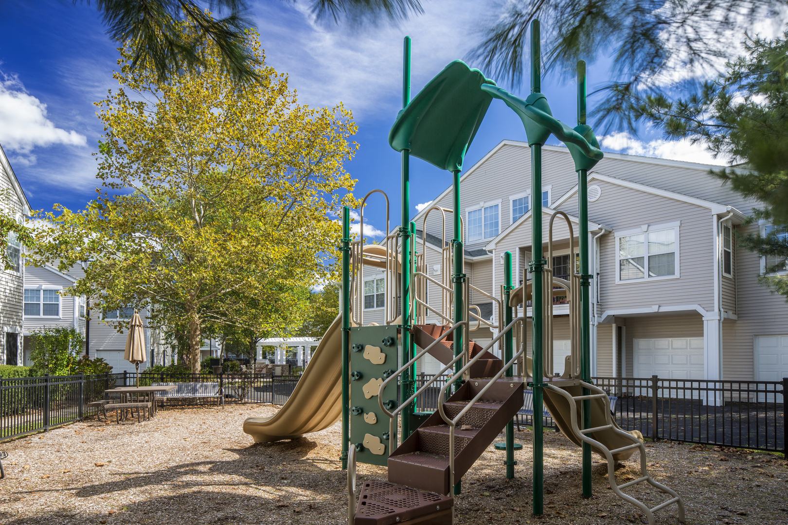 Playground with slides and climbing structures.
