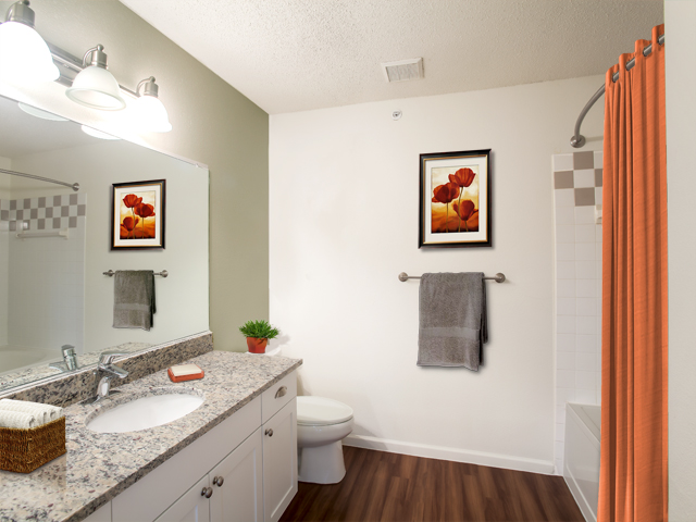 Bathroom with sink and mirror.