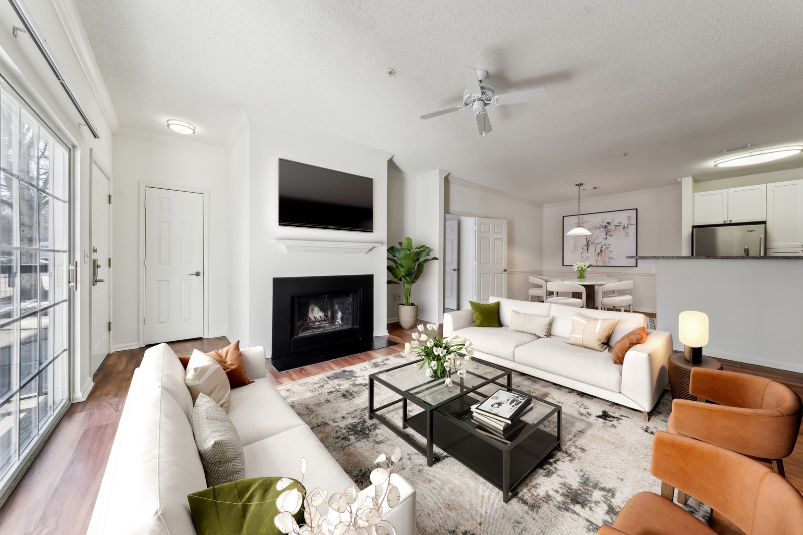 Living and dining area with seating.