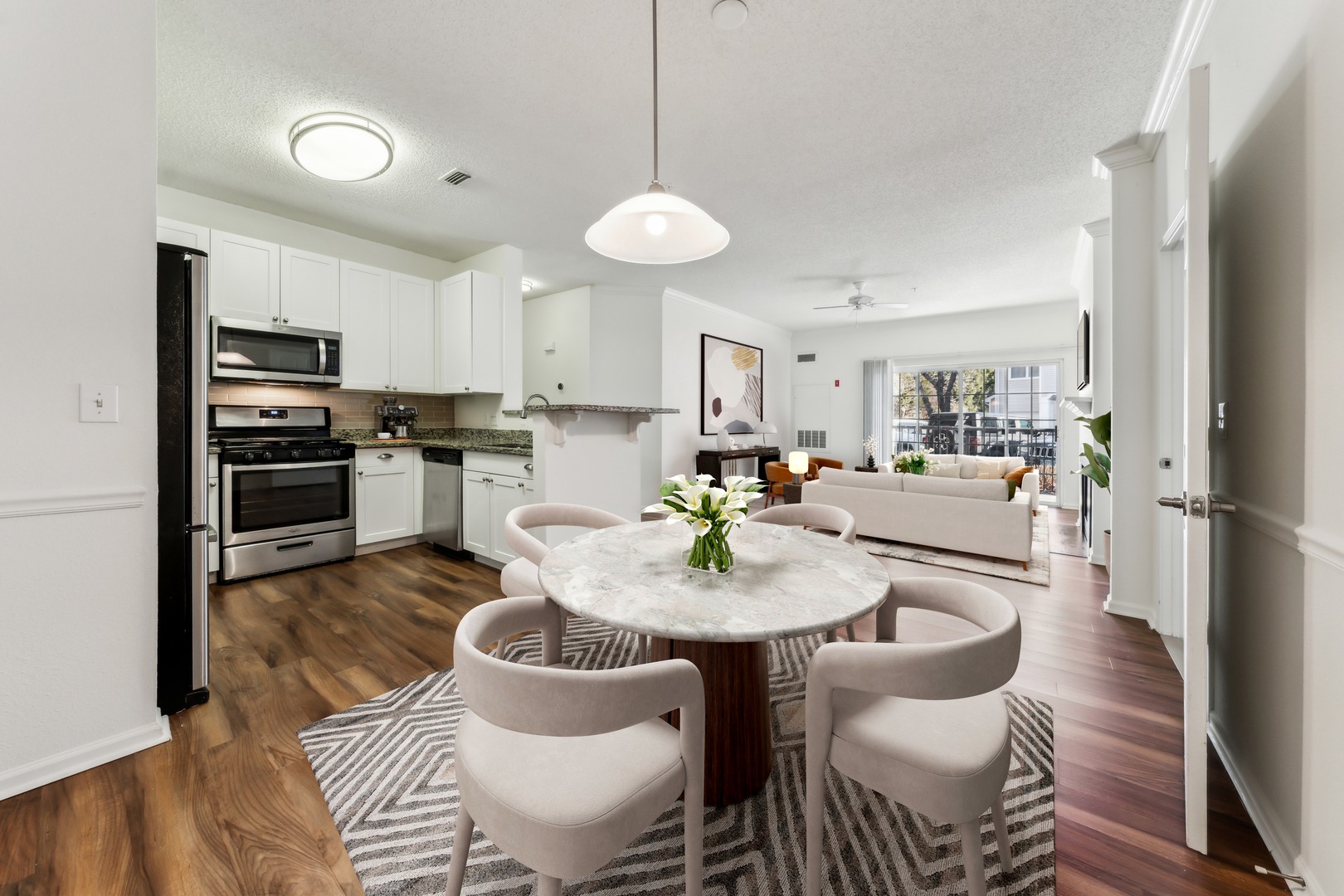 Living area with couch and table.