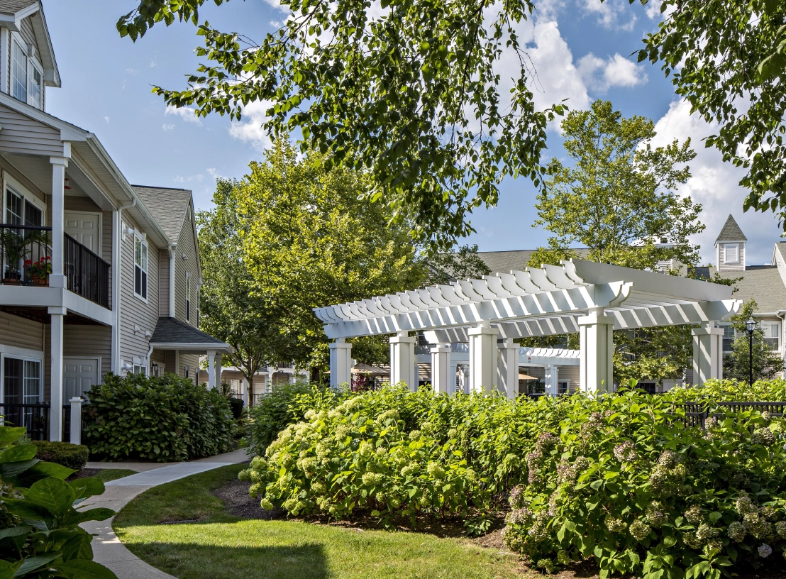 Poolside pergolas amidst lush landscaping at Hayworth Wilton
